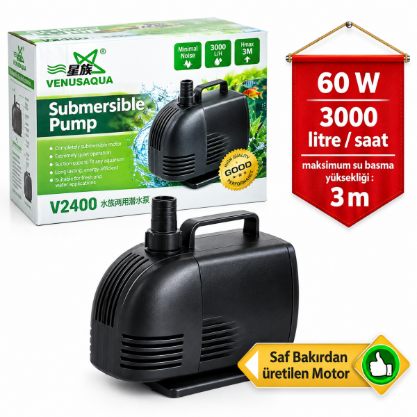 Venusaqua V2400 Akvaryum Sump Kafa Motoru 3000 Lt / H 60w