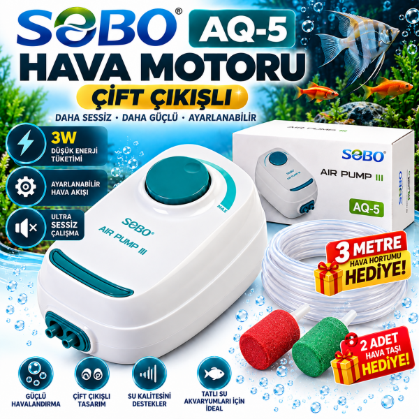 SOBO AQ-5 Ultra Sessiz Çift Çıkışlı Akvaryum Hava Motoru 3W + 3 Metre Hortum ve 2 Adet Hava Taşı Hediyeli